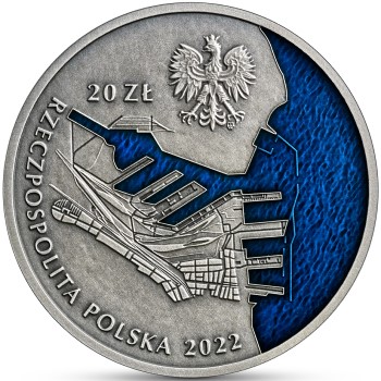 Awers monety 20-złotowej w temacie „100-lecie Portu Gdynia”
